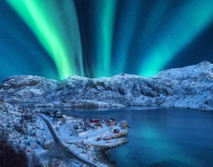 Poster Polar lights over the snowy mountains, sea at night in Lofoten, Norway. Aerial view of aurora borealis, rocks in snow. Winter landscape with northern lights and fjord. Starry sky with aurora. Top view © den-belitsky