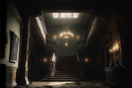 Generative AI illustration of abandoned haunted manor house interior