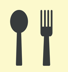 Baby tableware icon. Plastic spoon and fork, utensil, minimalistic poster or banner for website. Breakfast and dinner symbol, creativity and art, silhouettes. Cartoon flat vector illustration