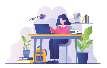 Distant learning concept. Girl sitting at laptop, doing homework and preparing for test or exam. Education and training, modern technologies and video conference. Cartoon flat vector illustration