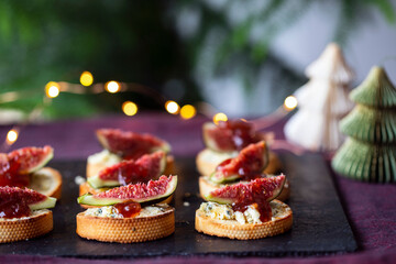 Christmas canapes with stilton cheese and frsh figs