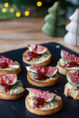 Christmas canapes with stilton cheese and fresh figs