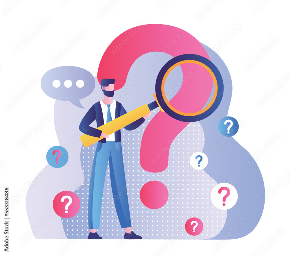 Poster man with faq. young guy with magnifying glass studies question mark. technical support, consultation
