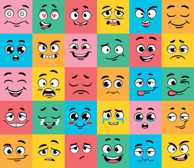 Set of emotions. Collection of stickers for social networks and messengers. Positive and negative, optimism and pessimism. Feelings, mood and facial expressions. Cartoon flat vector illustration