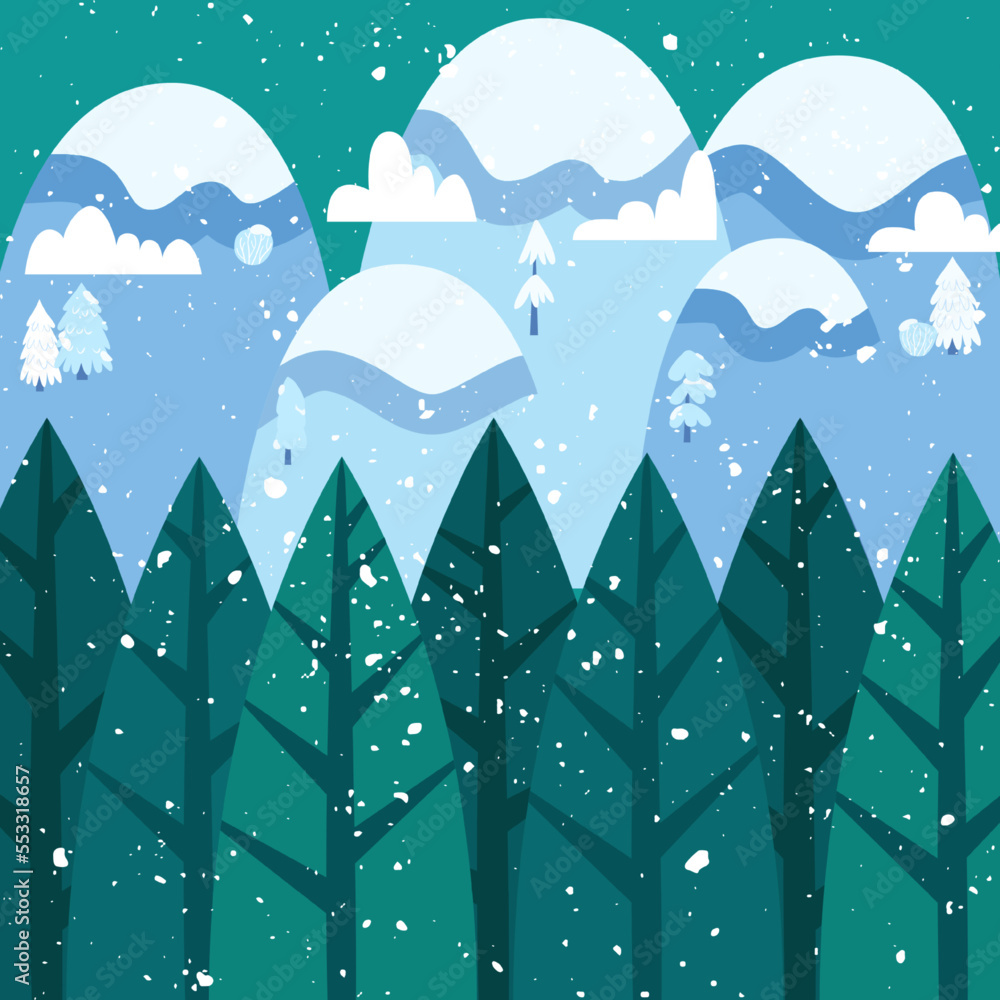 Sticker winter forest mountain. vector illustration of snow landscape background.