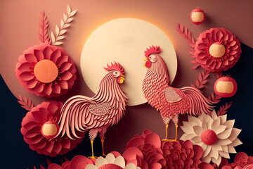 Obraz na płótnie Canvas paper craft style illustration of chickens