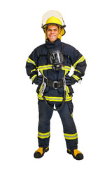Full body young smiling African-American fireman in a fireproof uniform stands and looks at the camera. Isolated on white, vertical orientation