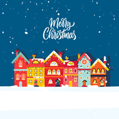 Obraz na płótnie Canvas Winter Houses Concept. Vector Illustration of Seasonal Greetings. Holiday Celebration.