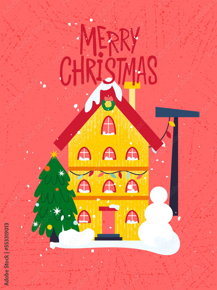 Wall mural Red Merry Christmas Poster. Vector Illustration of Seasonal Greetings. Holiday Celebration.