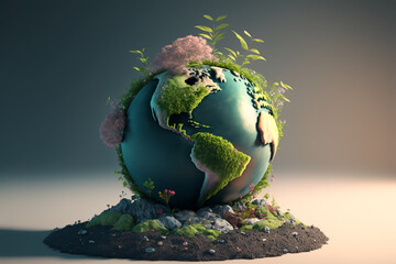 Earth Day concept illustration , Earth globe with beautiful nature , blooming plant and clean water,