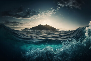 Fototapeta premium island, wave, water, surface, ocean, sea, blue, turquoise, tropical, travel, summer, closeup, close up, close-up, wave, 