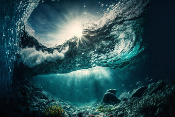 illustration of beautiful blue ocean, water surface with underwater view