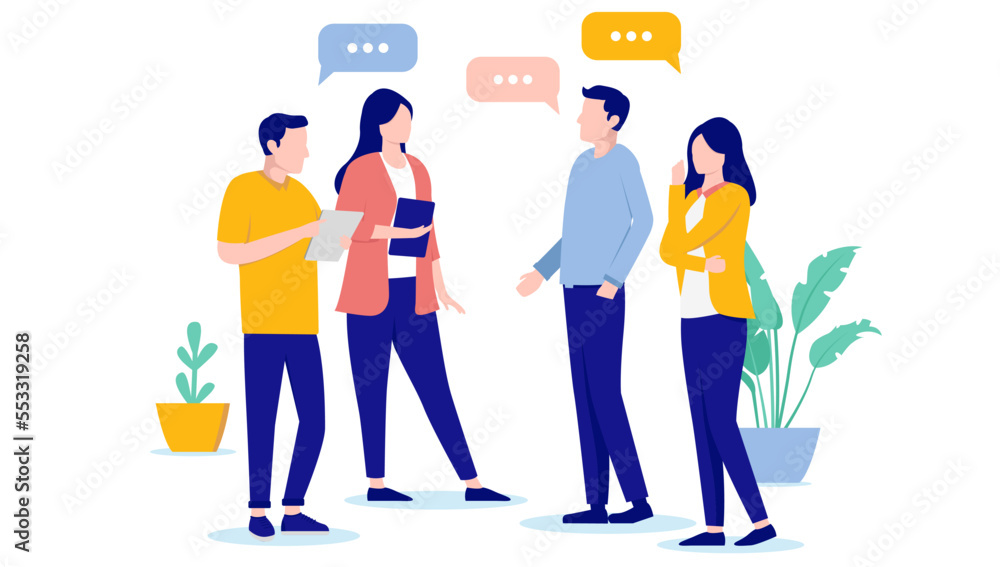 Aufkleber colleague talk - group of people talking and having a discussion at work with speech bubbles. flat d