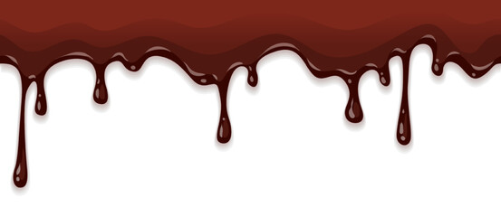 Dark sweet chocolate liquid flow with drops and Isolated on white background. Vector illustration