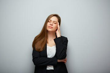 Business woman with headache, head pain, touching head, isolated portrait.