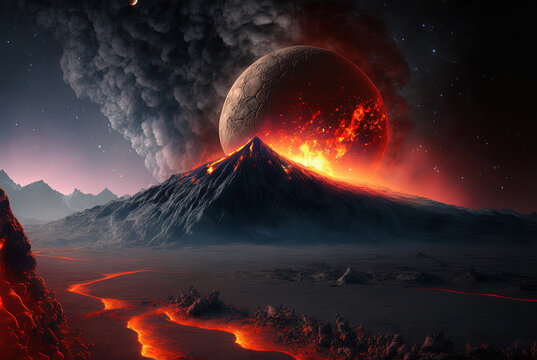 Lava Flows Of A Dying Exoplanet, View From The Surface Of The Exoplanet As Another Exoplanet Crashes Into It, Lava Flows Are Visible.