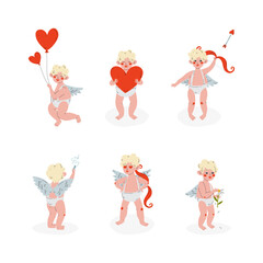 Cute Blond Cupid Boy Holding Balloons and Shooting Arrow with Bow Vector Set