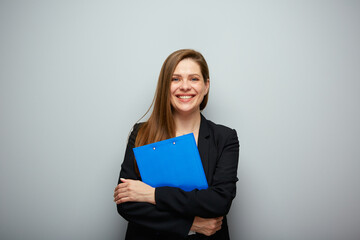 Obraz premium Woman lawywr holding blue clipboard or tablet. Isolated portrait with copy space.