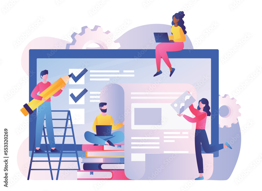 Poster team work concept. man and woman develop graphic elements for website, create interface for programs