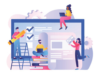 Team work concept. Man and woman develop graphic elements for website, create interface for programs and applications. Graphic designers and freelancers, coworking. Cartoon flat vector illustration