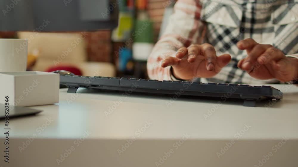 Aufkleber male employee typing online information on computer, analyzing web data to create business company r
