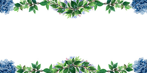 Fototapeta na wymiar Ornamental floral border, decorative frame and plants on isolated empty background