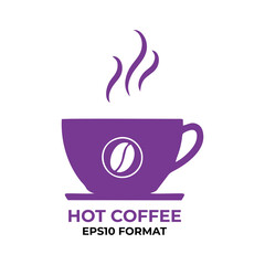 Illustration of coffee shop logo emblem in purple color. A cup of coffee symbol with billowing smoke. Coffee cup icon in EPS10 format with purple color. Editable icon. Vector illustration of a cup of 
