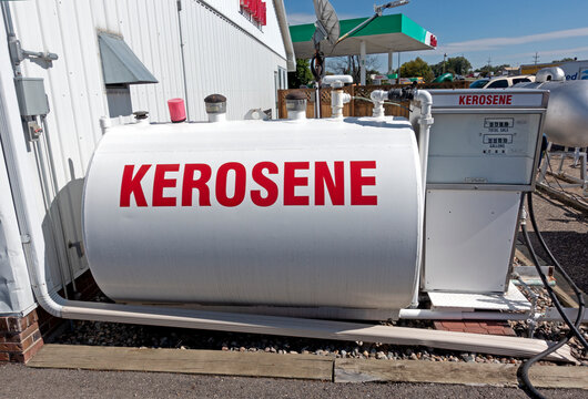 Large kerosene dispenser tank at the Sinclair gas station often used as an aviation fuel. Battle Lake Minnesota MN USA