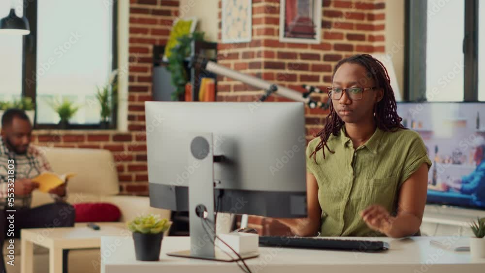 Poster female freelancer using computer to work on business report, sending email and creating financial we