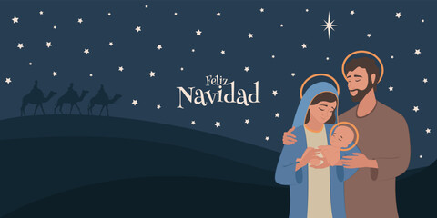 Fototapeta na wymiar Feliz navidad. Pesebre. Nochebuena. Ilustración de la sagrada familia en el nacimiento de Jesús en Belén.