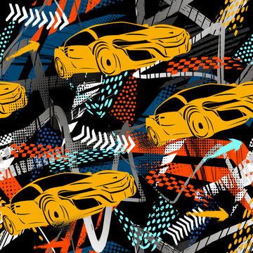 Abstract seamless grunge pattern for boy. Urban style modern background with sport car, trace of tire. Drive and speed modern creative wallpaper for guys. Extreme style