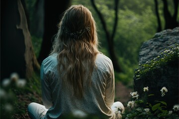 Eine Frau betreibt Meditation im Wald, generative ai technology	