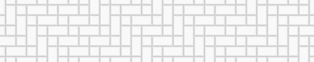 White herringbone inserted tile horizontal texture. Stone or ceramic brick wall background. Kitchen backsplash mosaic layout. Bathroom, shower or toilet floor decoration. Vector flat illustration