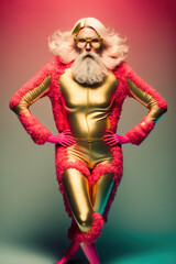 Illustrated fashion icon in an extravagant, modern, contemporary suit and trendy glasses. Futuristic Santa Claus in his free time, in diva, glamorous style. New Year's Eve. Generative AI.