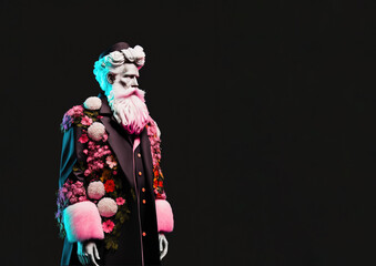 Santa Claus who is in modern, urban flowers elegant suit. Fresh Spring flowers are costume this New Year. Abstract colorful outfit. Illustration, Generative AI.