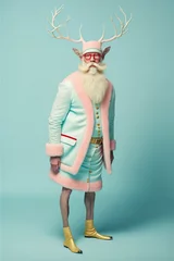  Urban half man, half deer, reindeer hipster in trendy pastel suit with on pastel blue background. Fashionably, elegant minimal illustration. Generative AI. © Uncanny Valley