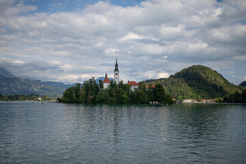 cloudy day over bled lake and st mary's church