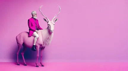 Muurstickers White beard urban hipster man in trendy pink suit with pink reindeer on pastel purple background. Fashionably, elegant minimal illustration. Generative AI. © Uncanny Valley
