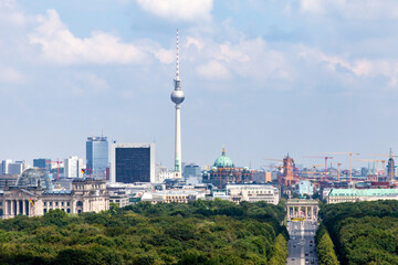 Cityscape view on the city Berlin, Berlin tv tower, gate and German Reichstag, trees, forest, park