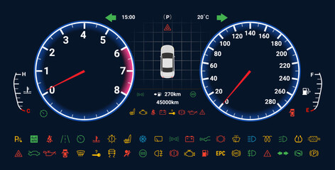 Car digital dashboard speedometer display fuel panel. Car cluster dashboard panel vector design template