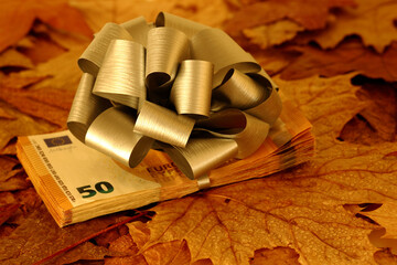 autumn sale bonus, package of 50 euro banknotes tied with a silver ribbon with a beautiful bow lies on dry autumn leaves - 553324299