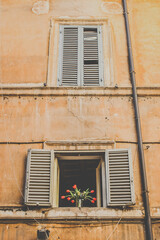 Old windows with wooden shutters in the city centre of Rome, a vase with red flowers standing in a window , a black rain water gutter running down the wall 