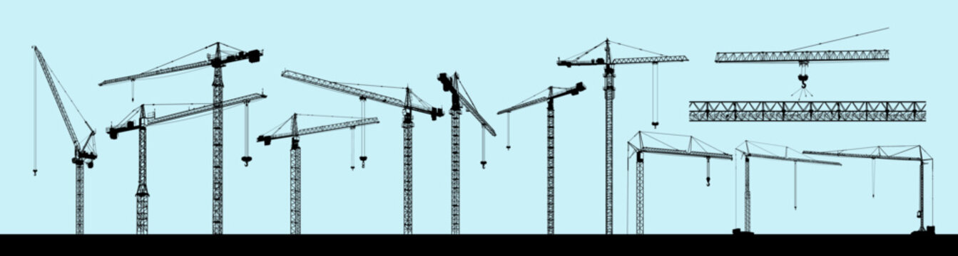 Big set of tower construction crane. Silhouette crane working building. Illustration with building cranes isolated on white background. Vector line art.