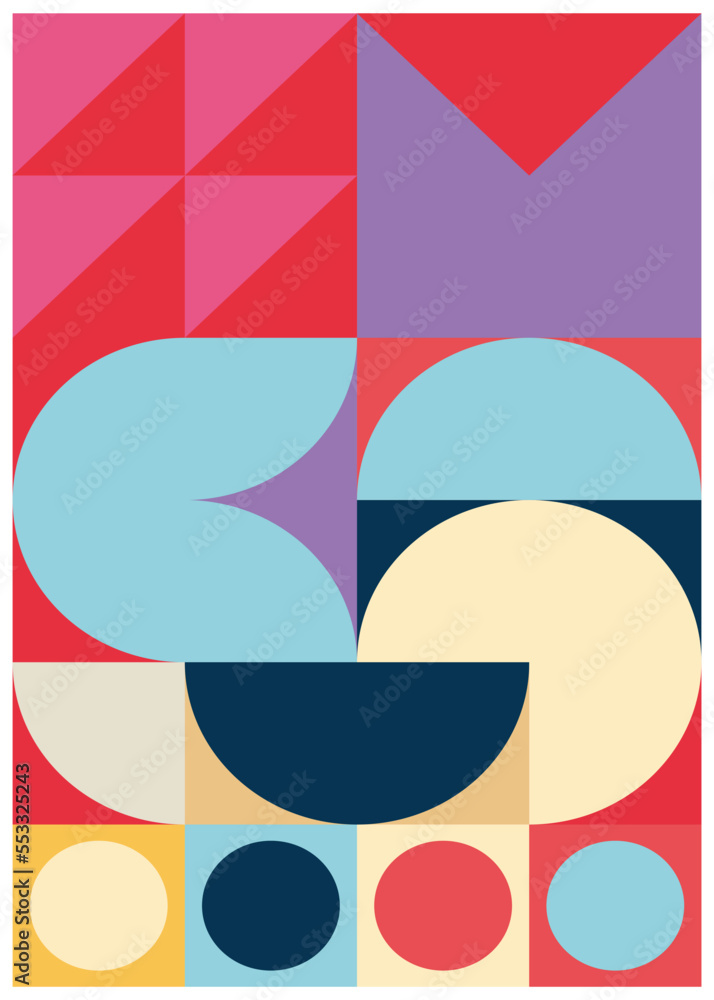 Poster abstract background with basic patterns of circles, triangles, squares with a unique color combinati