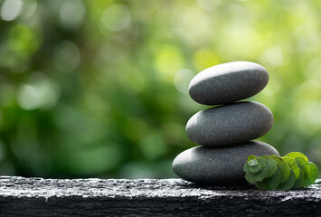 Zen stones and eucalyptus on nature background.