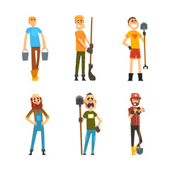 Man Farmer Working in the Garden with Bucket and Shovel Vector Set