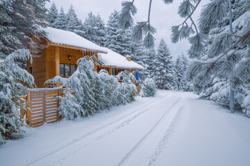 house in the snow. Snow landscape for winter vacation in Europe. Christmas landscape in snowy...