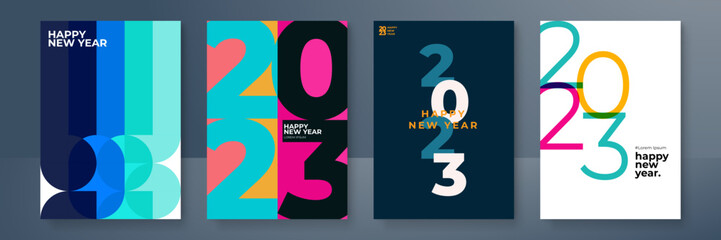 Naklejka na ściany i meble Happy New 2023 Year posters set. Typography geometric logo 2023 for branding, banner, cover, invitation card.
