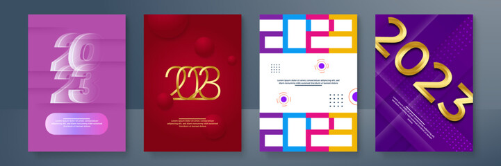 2023 Happy New Year poster background. Vector illustration with colorful numbers 2023 with trendy gradient. New Year holiday symbol template on gradient background.