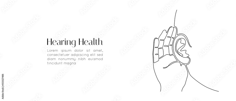 Aufkleber one continuous line drawing of human ear with hand. icon symbol of bad hearing health and sensory ai